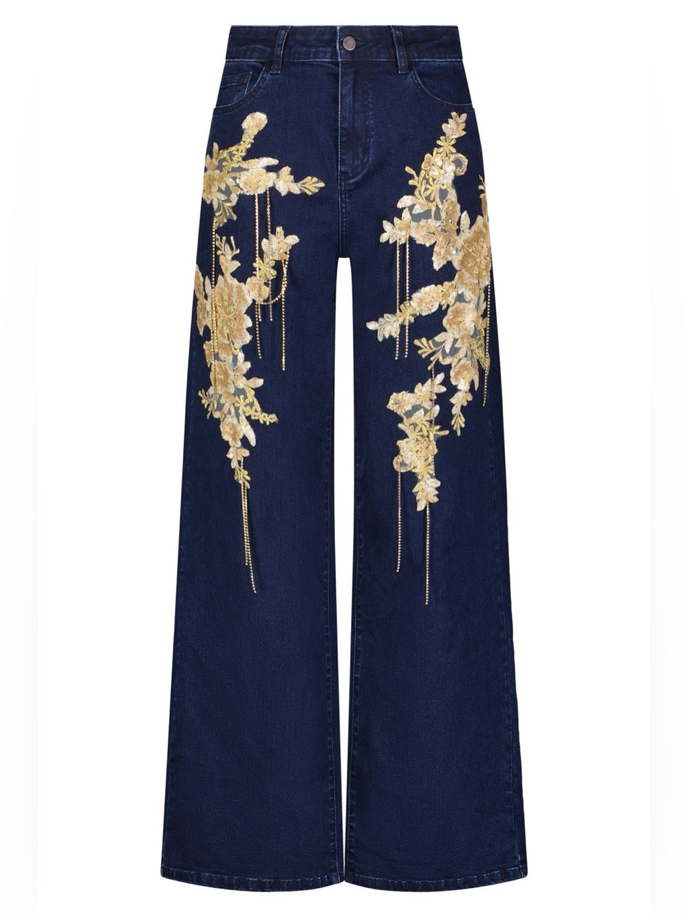 Noli Navy Wide-Leg Jeans with Gold Floral Embroidery